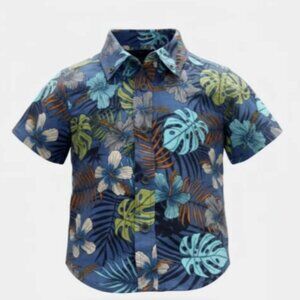 Boy's NEW 12 Month Shirt Blue Tropical Hawaiian Print Short Sleeve Button Up